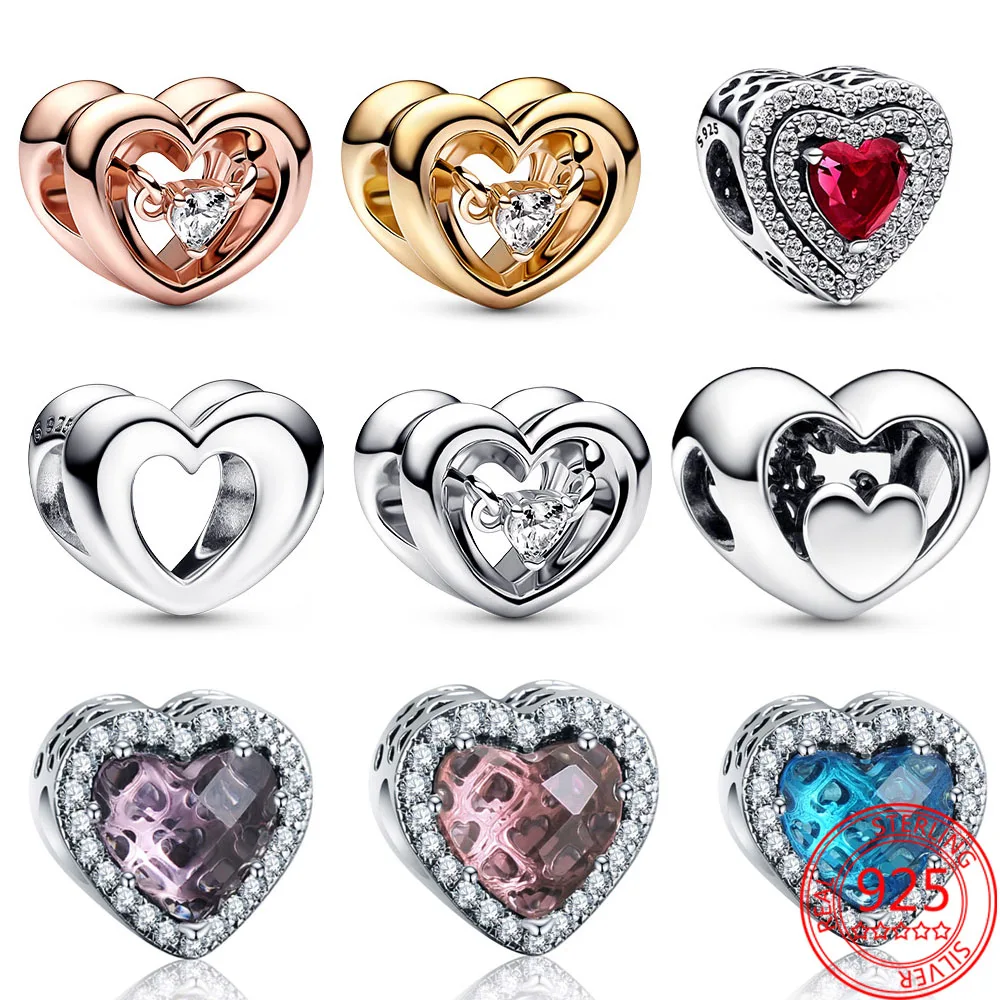 

Colorful S925 Silver Sparkling Levelled Heart Charm Radiant Heart & Floating Stone Charm Fit Pandora Bracelet DIY Original Beads