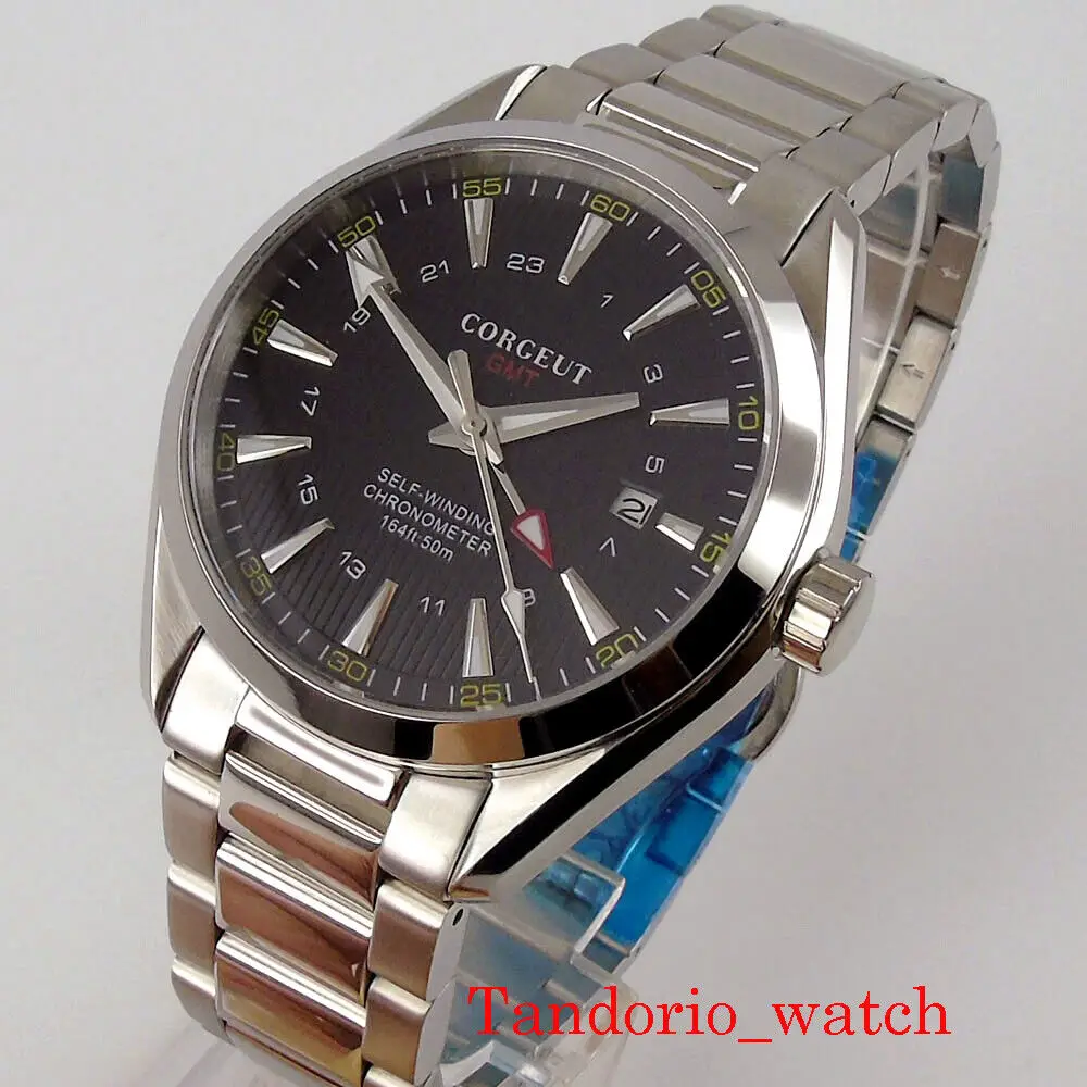 

41mm Corgeut Polished Automatic Black/Blue Men Watch GMT Movement Calendar Sapphire Crystal Luminous Bracelet Mechanical Watches
