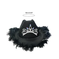Cowgirl Hats Cow Girl Hat with Rhinestones Crown Tiara Feathered Trim Adjustable Strings Adult Size Cowboy Hat for Party 6