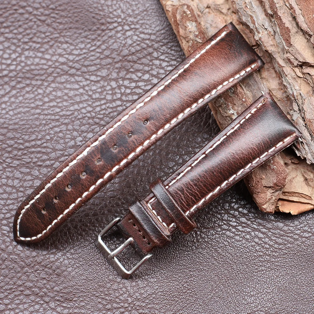 20MM 22MM Red Brown Deep Coffee Cow Leather Half Arched Top Layer Cowhide Watch Strap