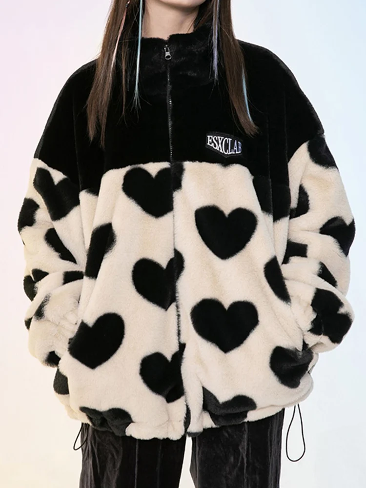 

HOUZHOU Harajuku Winter Coat Women Vintage Y2k Heart Printed Patchwork Korean Fleece Padded Jacket Loose Zip Up Faux Fur Coat