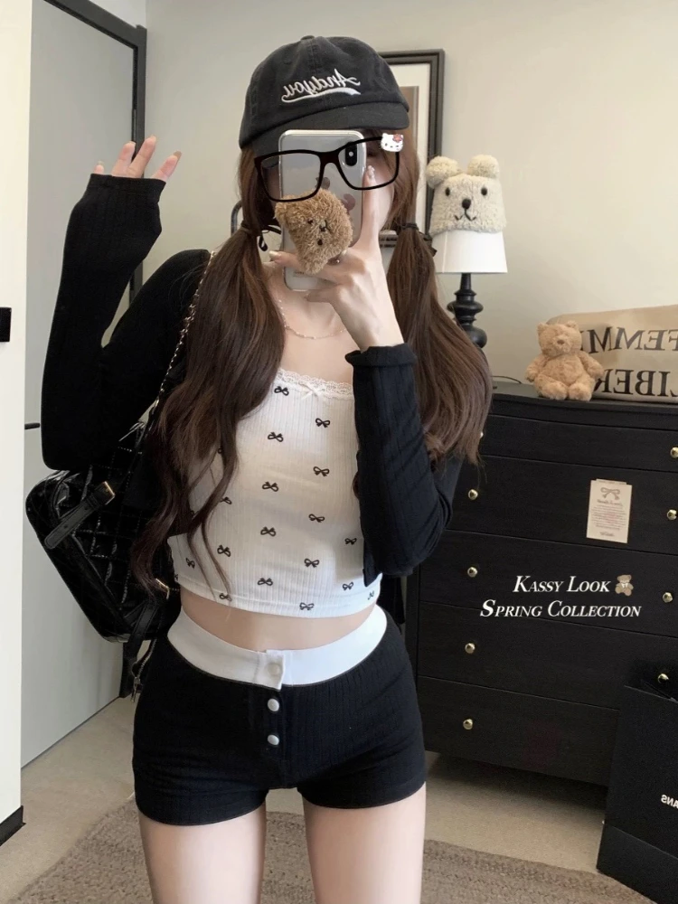 ADAgirl Black Sports Shorts for Women Y2k Casual Front Buttons Patchwork Korean Summer Pants Harajuku Fashion Low Waist Bottoms