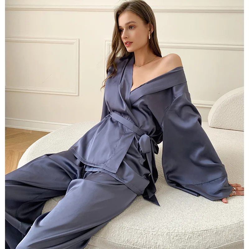 

QSROCIO Women's Pajamas Set Solid Sleepwear Silk Like Casual Homewear V Neck Nightwear Simplicity Nightgown Femme пижама женская
