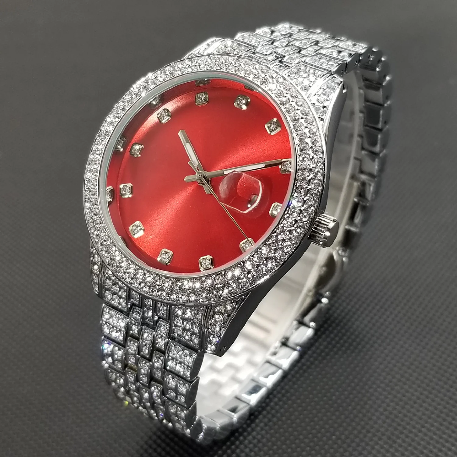 

Hot Hip Hop Moissanite watch for women Luxury Fashion Red Dial Quartz Watch Vintage Iced Out Big Size Relogio Feminino 2021 New