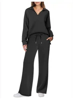 2025 European and American Autumn and Winter New Fashion Casual Women's Long Sleeved Drawstring Solid Color Commuting Pants Set - Image 4