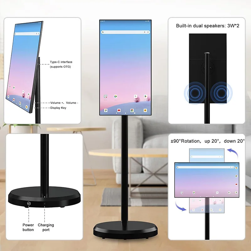 Mobile TV in House 22-Inch Portable TV on Wheels 1080P 6000mAh Rotating Smart Screen Mini With Base
