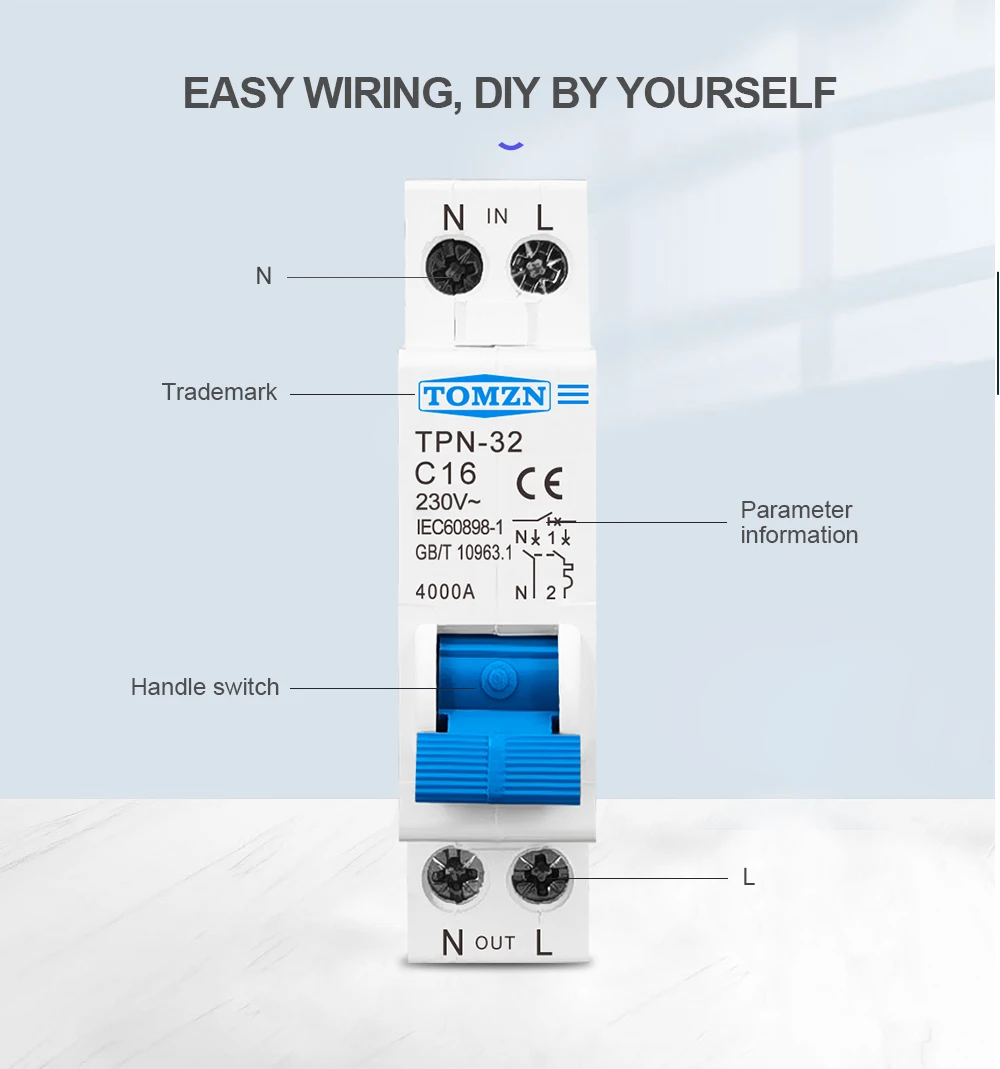 TPN 1P+N Mini Circuit Breaker MCB 10A 16A 20A 25A 32A 230V AC DIN Rail