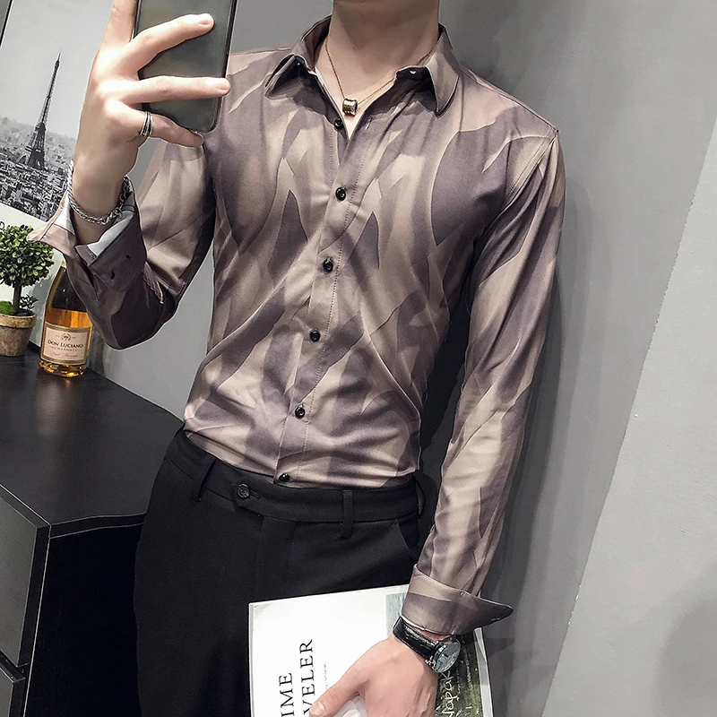 

Autumn Slim Shirt Male Social Party Fashion Long Sleeve Shirt Streetwear Vintage Shirts For Men Dress Casual Chemise Homme V507