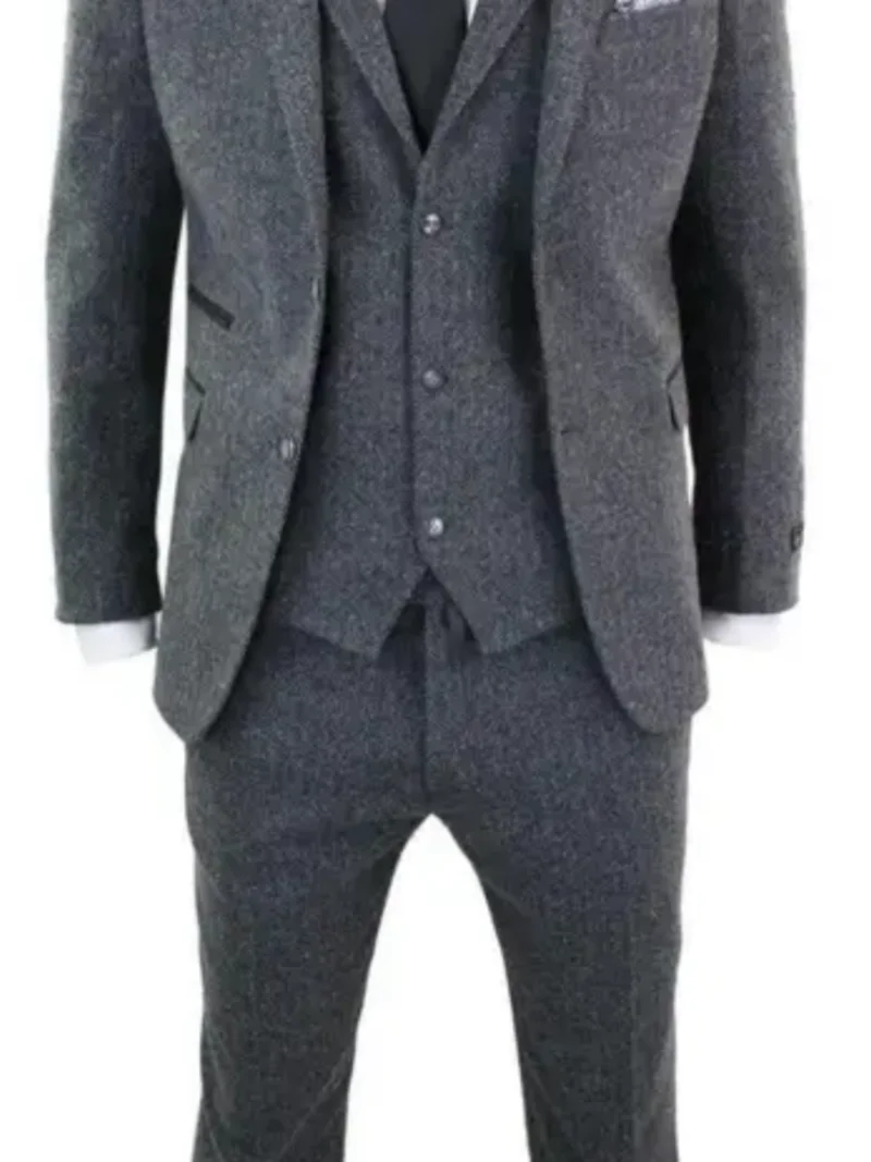 3 Piece Gray Wool Tweed Winter Suit for Men Herringbone Slim Fit Formal Groom Tuxedo Wedding Male  Suits (Jacket+Vest+Pants) 2