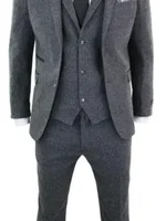 3 Piece Gray Wool Tweed Winter Suit for Men Herringbone Slim Fit Formal Groom Tuxedo Wedding Male  Suits (Jacket+Vest+Pants) 2
