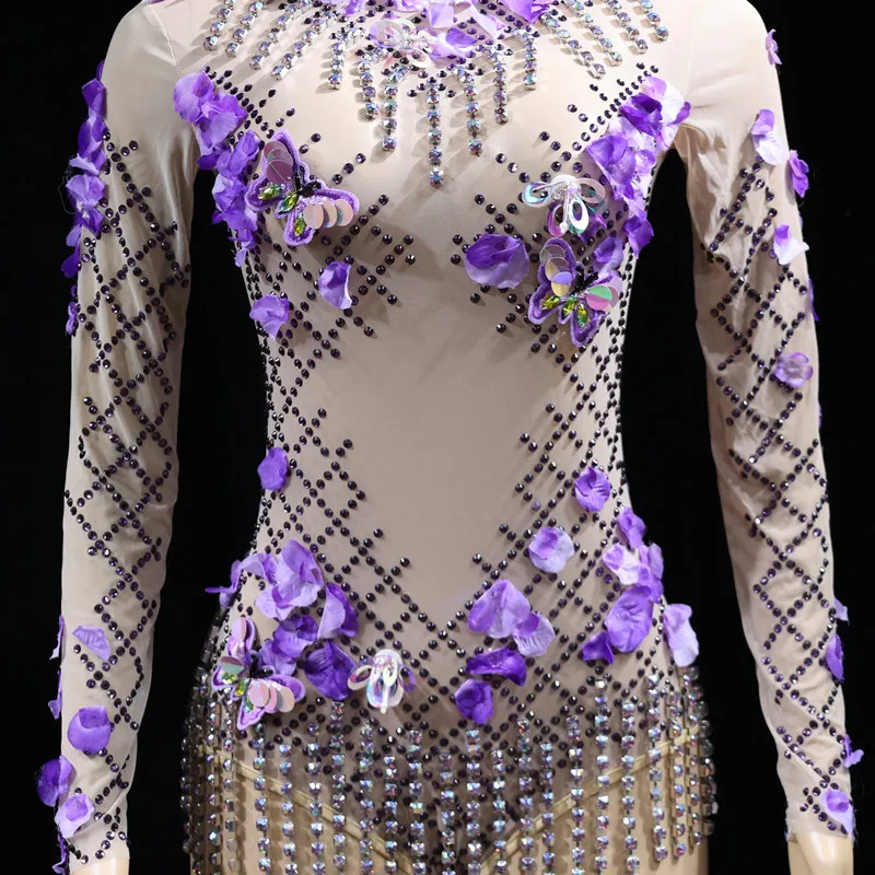 

Nightclub guest gogo female singer rhinestone purple tassel triangle jumpsuit bar performance clothi