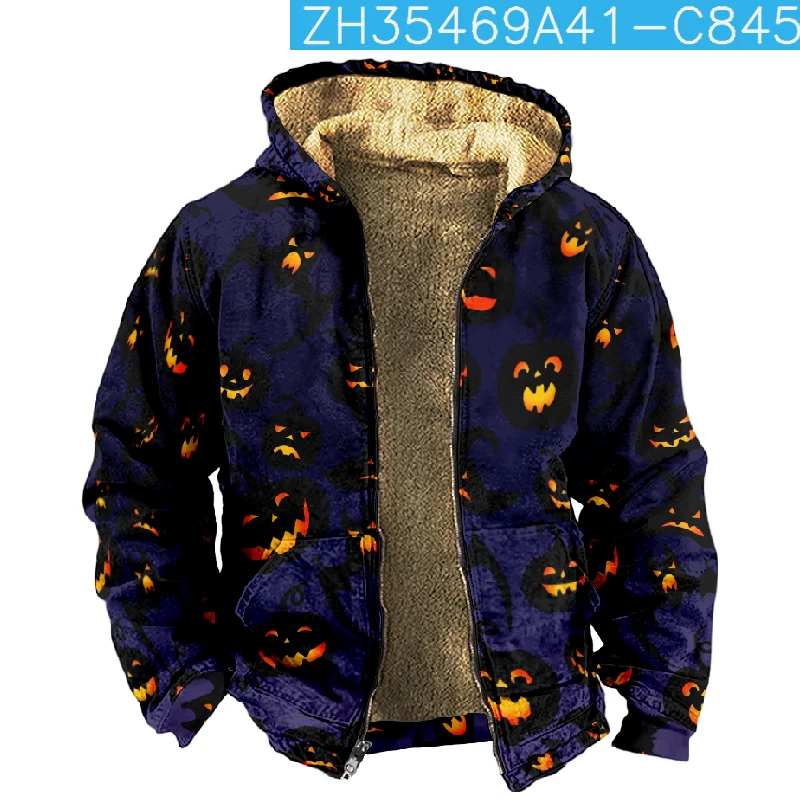 2023 New Halloween Cotton Coat Hooded Sweater Casual Print Long Sleeve Zipper Sweater Thick Cotton Coat Winter