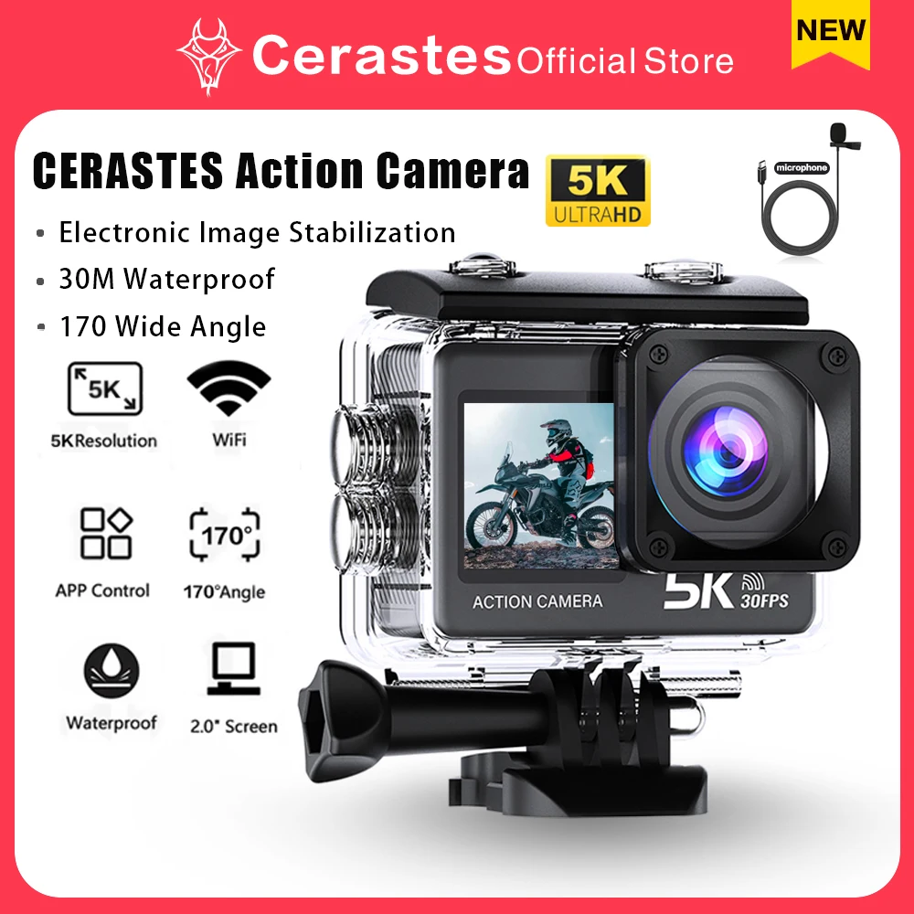 CERASTES 액션 카메라 5K 4K 60FPS WiFi 손떨림 방지 듀얼 스크린 170 °   원격 제어 기능이 있는 광각 30m 방수 스포츠 카메라