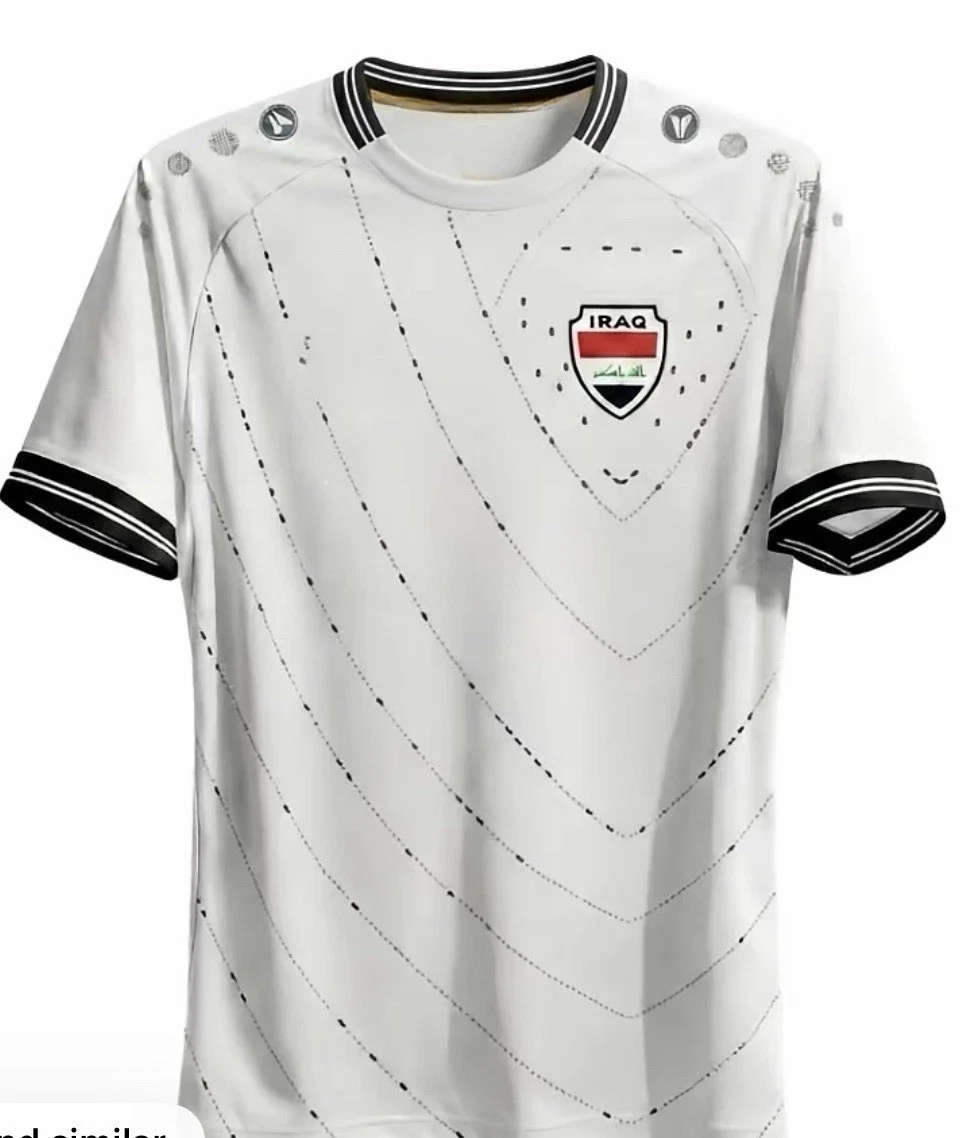 2026 이라크 스타일 어웨이 축구 유니폼, 화이트 블랙 트림 도트 그래픽 축구 ..