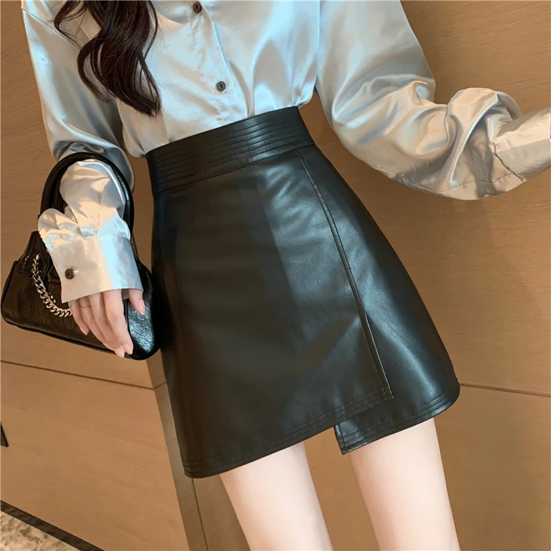 Circyy Mini Skirt Women High Waist Designer Irregular Solid A-Line Leather Skirts Spring New Korean Fashion Office Lady Clothes