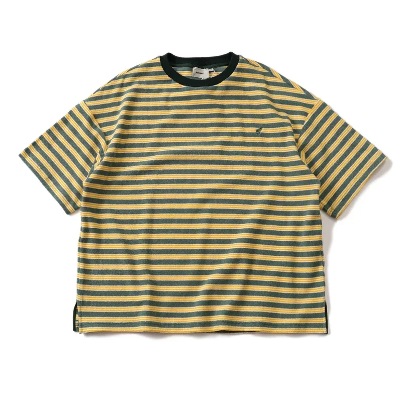 

Summer New Men's Japanese Vintage Towel Material Texture Yellow Green Stripe Loose Profile Short Sleeve T-shirt
