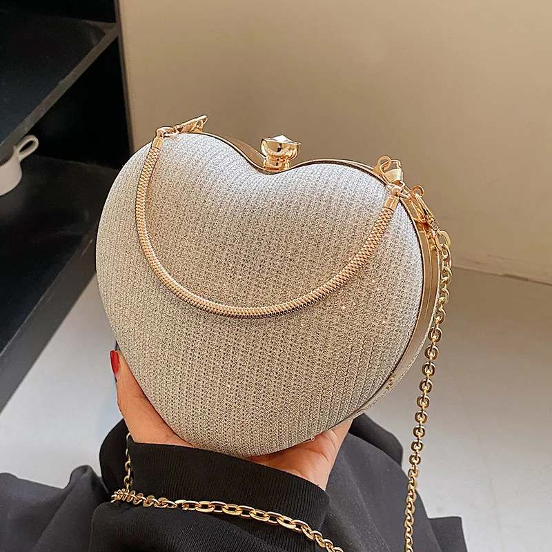 

Evening Clutch Bag Women Shiny Handbag Heart Shape Metal Chain Fashion Shoulder Crossbody Bags Wedding Party Luxury Purse Gold