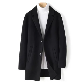 100% Pure Wool Double-Faced Men's Mid-Length Casual Business Coat Cashmere Outerwear Fashionable Slim Fit Winter Jacket