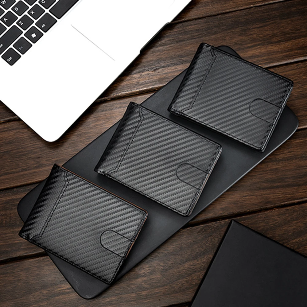 1Pcs Men's Carbon Fiber Pattern Bi-Fold Wallet with Transparent Id Window Multi-Card Slot Business Wallet
