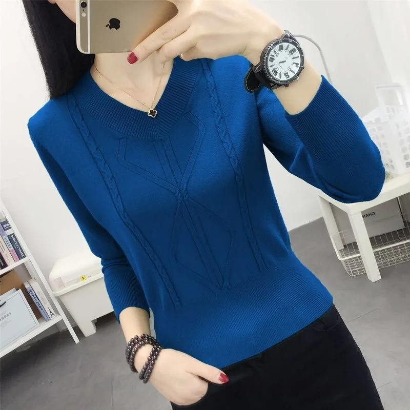 

2023 Autumn Winter Women's Sweater Knitted Pullovers V-neck Slim Fit Bottoming Shirt Solid Soft Knitwear Jumpers Basic Sweaters