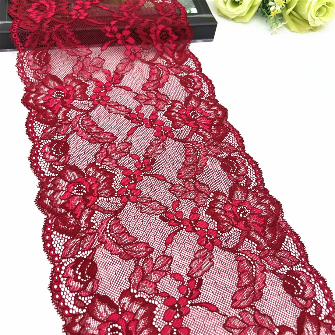 3y/lot Width 7 5/8 inch (19.50cm) Red Elastic Stretch Lace Trim 1