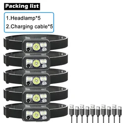 Compact Rechargeable LED Sensor Headlamp - USB-Powered Torch for Camping and Exploration (5PCS)