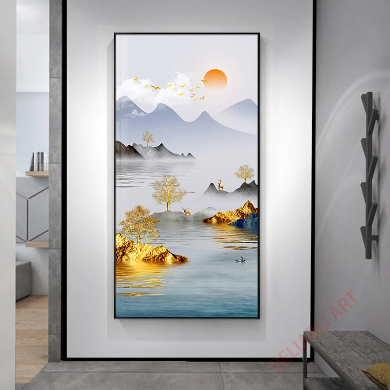 Nuovo Cinese Golden Mountain Canvas Painting Gold Deer A Light Boat Poster E Stampe Per Portico Soggiorno Portico Decorazione