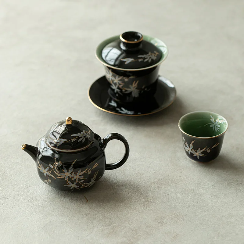 Chinese Retro Tea Pot with Black Gold Glaze Apricot Blossom with Filter Octagonal Tea Set Ceramic Maker