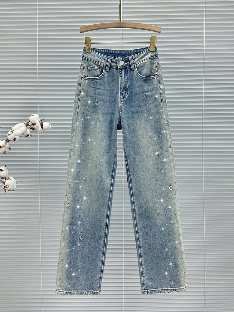 

Heavy Embroidery Hot Drilling Wide Leg Jeans Women Trousers 2024 Early Spring New High Waist Loose Oversize Mop Denim Pants Tide
