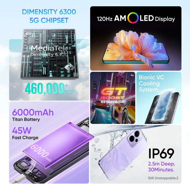 [Première mondiale] realme 14T 5G Smartphone NFC Dimensity 6300 5G Processeur 6000mAh Batterie 45W Charge 120Hz AMOLED Display IP69 2