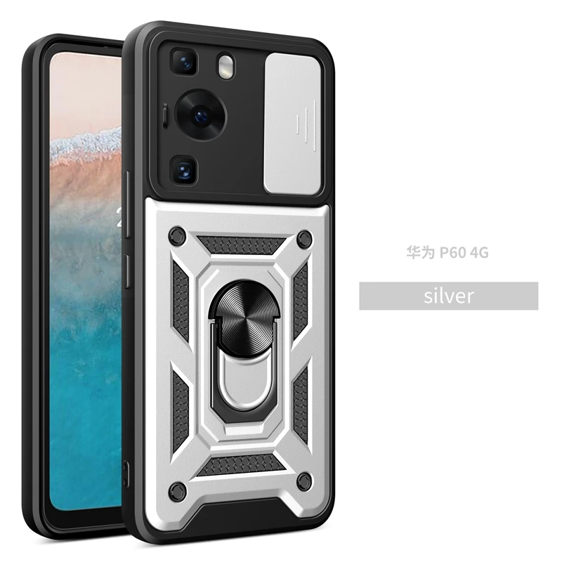 Armor Shockproof Magnetic Ring Stand Holder Case with Slide Camera Lens Cover