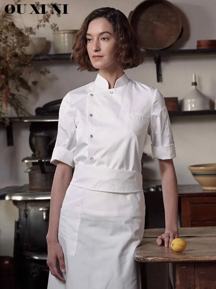 

Hotel Women Chef Uniform Restaurant White Cook Jacket Catering Service Overalls Kitchen Cooking Coat Shirt Waitress Workwear