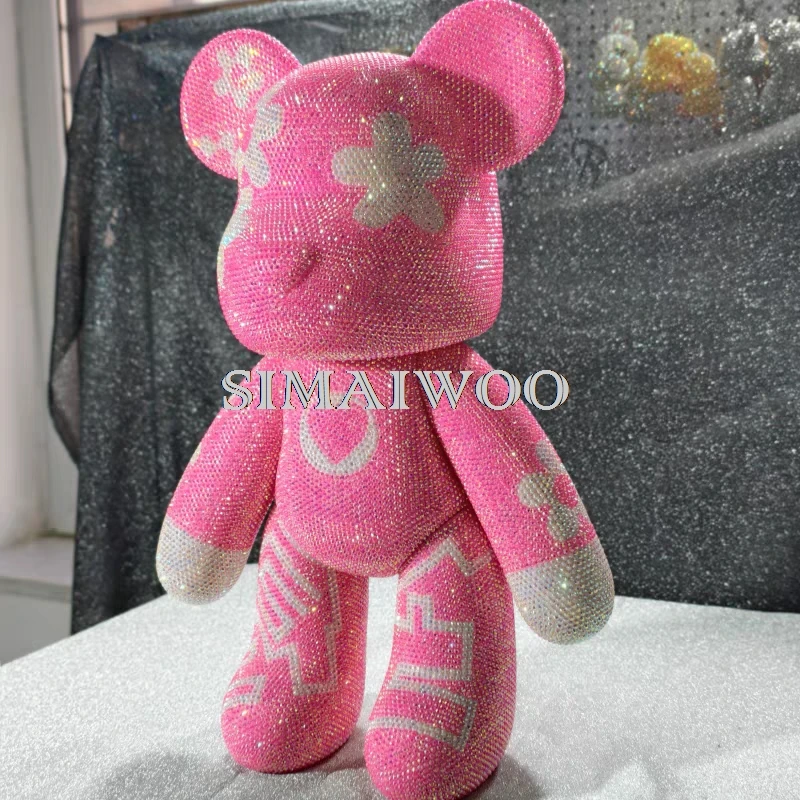Mit Diamanten besetzte Bärenfigur, rosa Pfirsichblumenmotive, Skulptur, handgefertigtes Strass-Mosaik, Kunsthandwerk, Weihnachtsgeschenk, Heimdekoration – Detail 3
