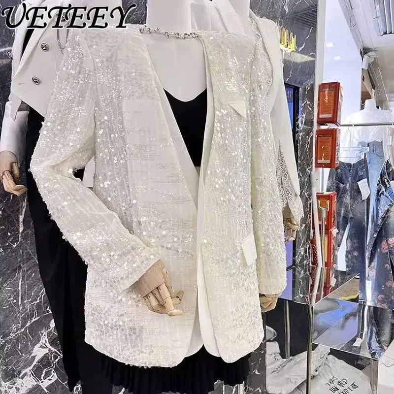 Temperament V-neck Long Sleeve Ladies Sequined Blazer Coat Women Mid-Length Trendy Thin Shiny Jacket 2023 New Fall Women Clothes 2