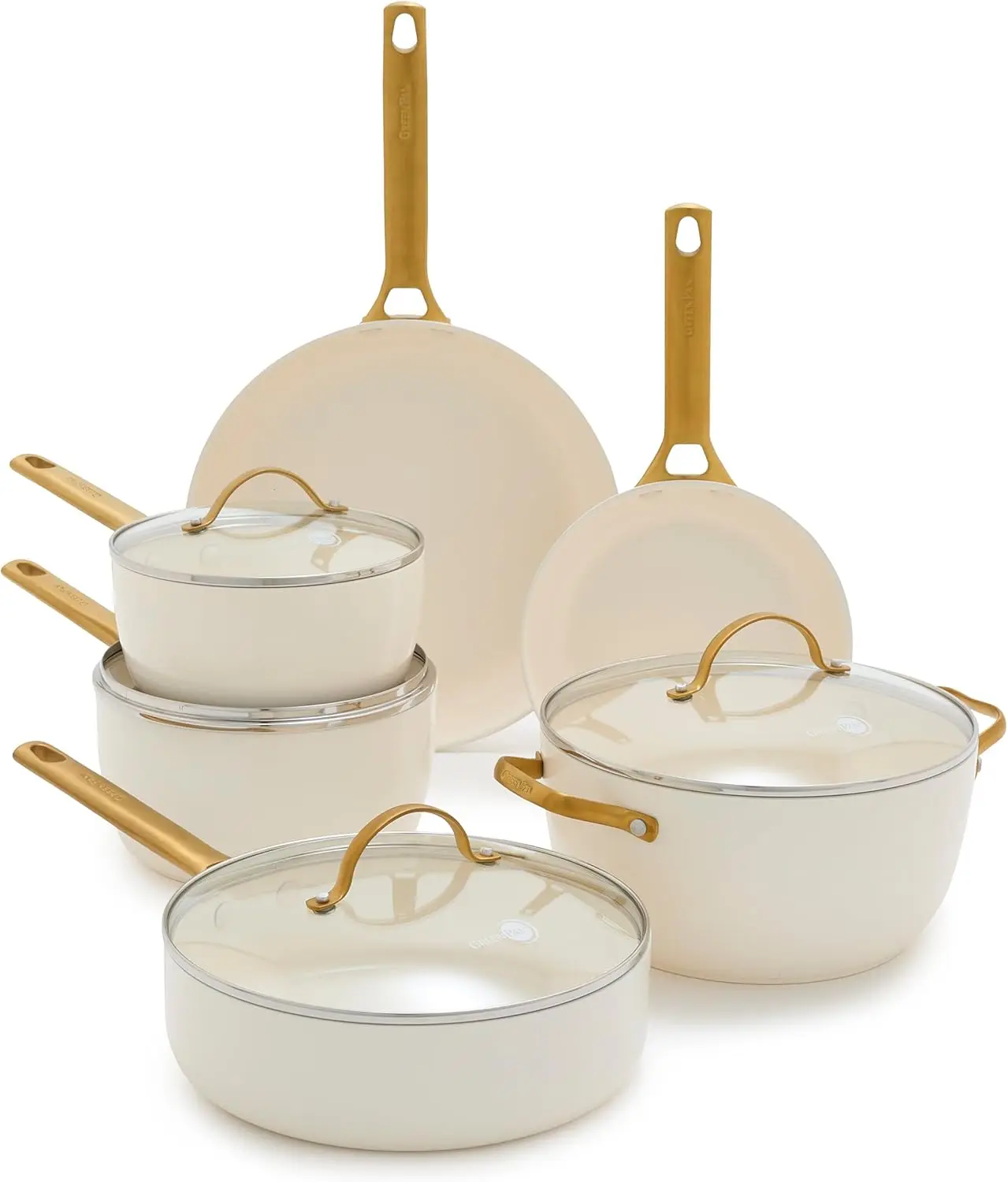 Hard Anodized Healthy Ceramic Nonstick 10 Piece Cookware Pots and Pans Set Gold Tone Stainless Steel Handle Dishwasher Safe