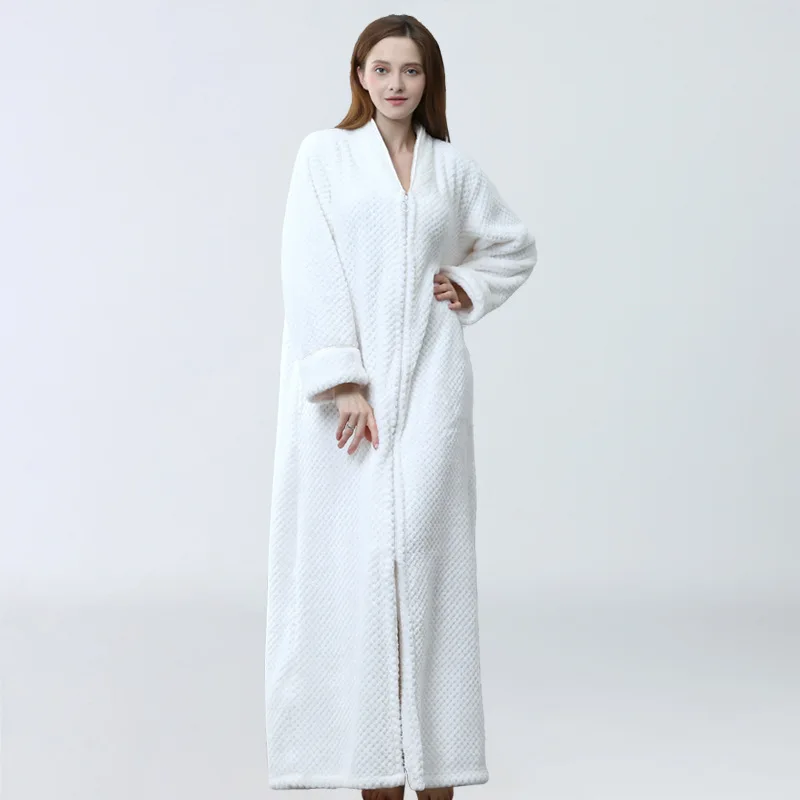 

Women White Sleepwear Thick Warm Long Bathrobe Winter Solid Flannel Bath Robe Home Clothing