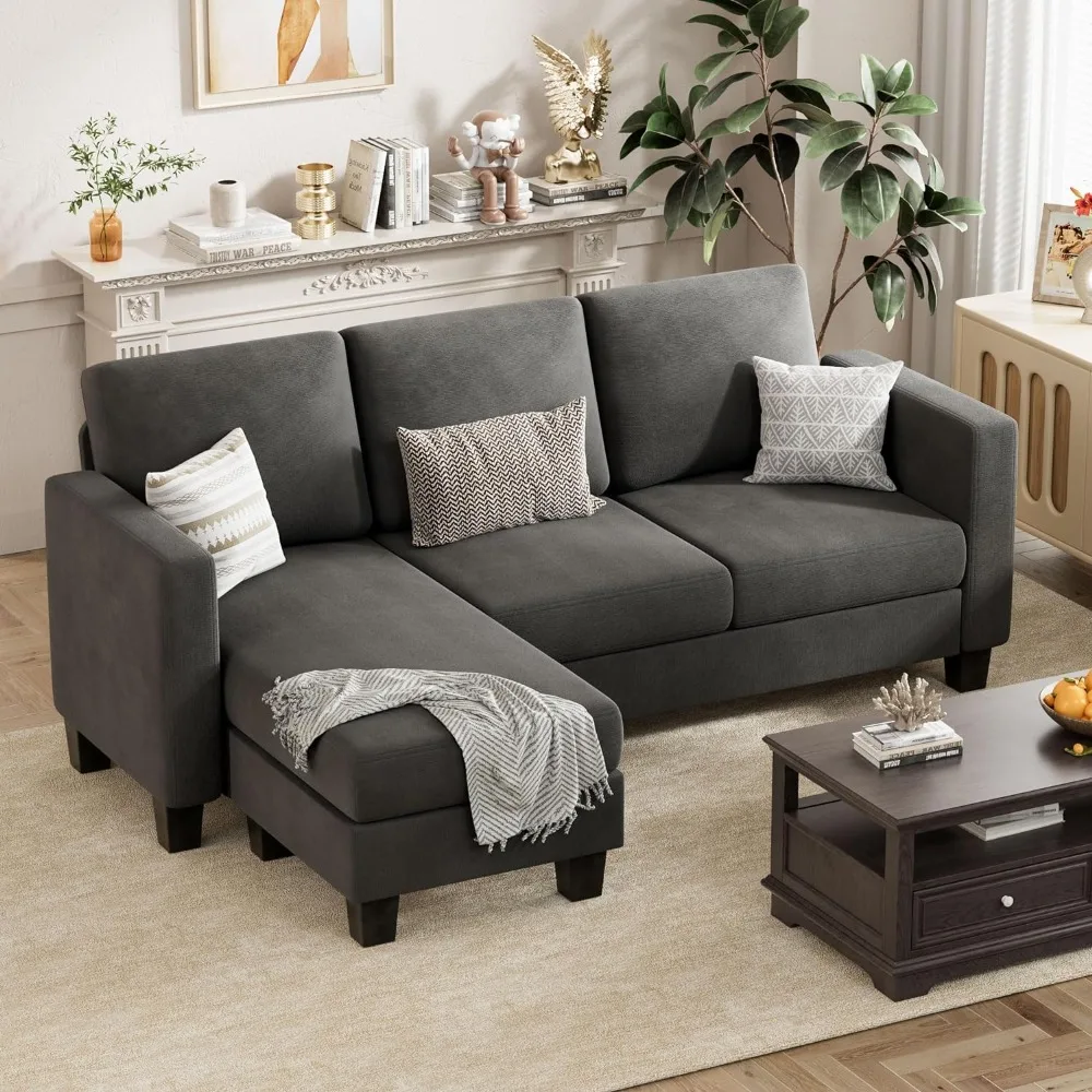 3 Seat L-Shaped Sofa With Linen Fabric Sectional Sofa Couch Movable Ottoman Small Couch for Small Apartments Living Room Home