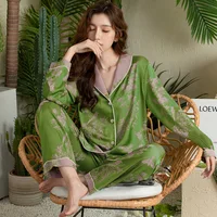 Spring and Summer Premium Green Fashion Lapel Pajamas Loungewear Set Ladies Long Sleeve Long Pants Pajamas Loungewear Set - Image 4
