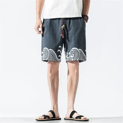 Summer Linen Shorts Men Fashion Casual Chinese Style Wave Print Short Pants Male Summer Beach Shorts