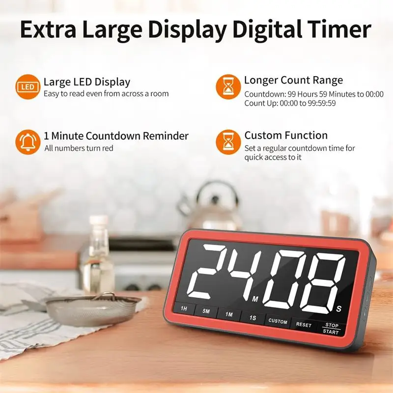 Timer Cucina Digitale Contaminuti da Cucina con Grande Display LCD, Cronometro e Orologio, Allarme Volume Regolabile, 99 Minuti 59 Secondi, Montaggio Magnetico Supporto e Gancio Multifunzione