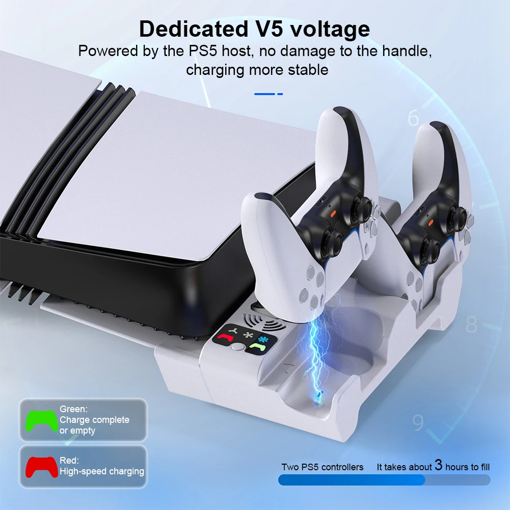 2 Controller Charger with 3-Level Cooling Fan Horizontal Cooling Stand Base Holder with Controller Charging for PS5 Slim/PS5 Pro