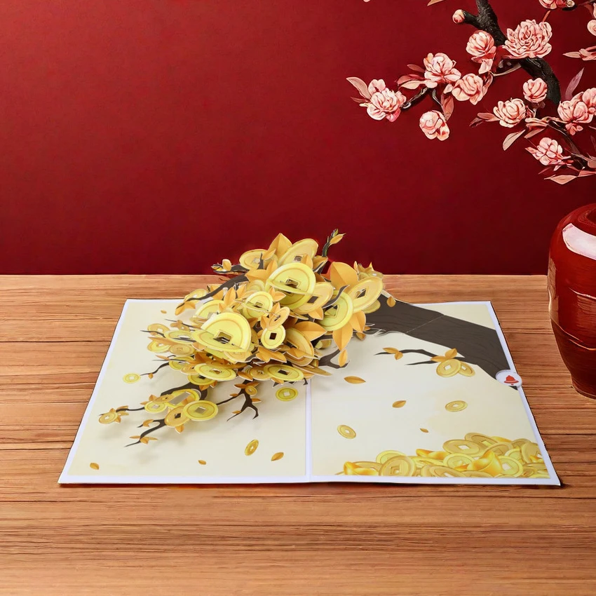 Fortune Tree 3D Greeting Card with Envelope Pagoda Tree Postcard Money Greetings Card Creative Gifts Coins Birthday Cards greeting cards