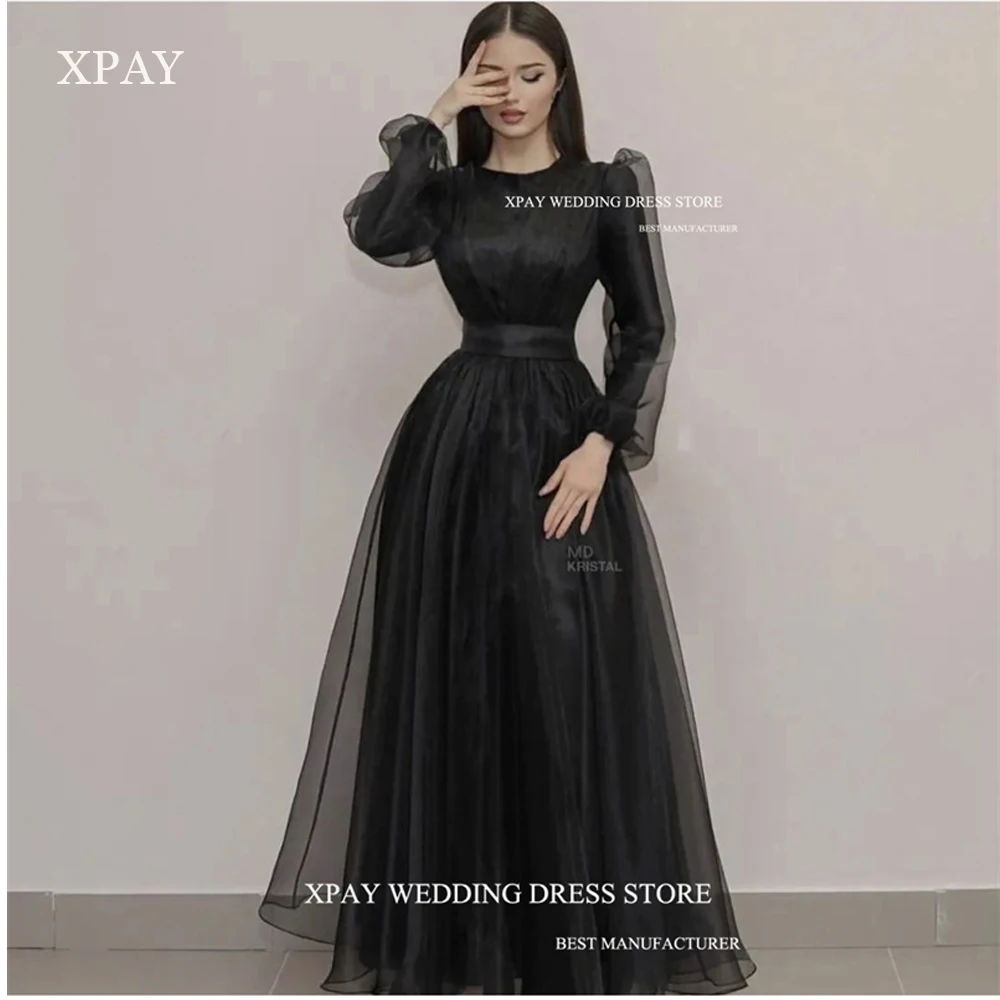 

XPAY Modest Simple A Line Black Prom Dresses Arabic Women Organza O-Neck Long Sleeves Evening Gowns 2023 Formal Party Dress