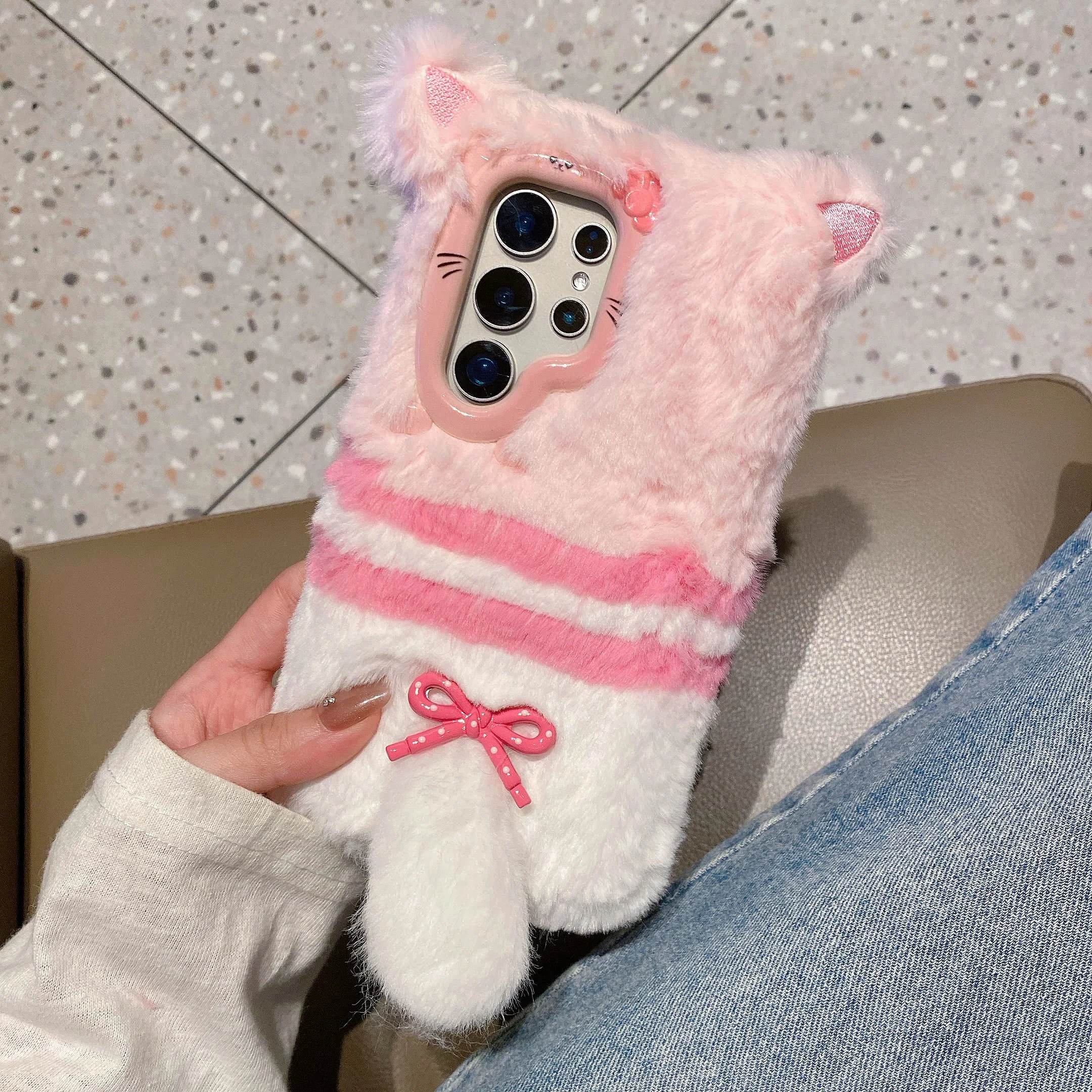 3D Furry Bowknot Kitty Cat Winter Warm Fluffy Soft Fur Case