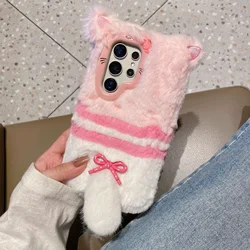 3D Furry Bowknot Kitty Cat Winter Warm Fluffy Soft Fur Case - Galaxy S23 Ultra (Pink)