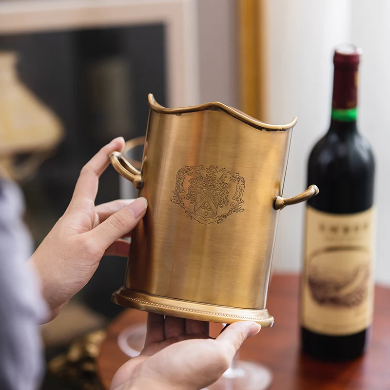 Handcrafted Brass Ice Bucket with Dual Handles-Wine Champagne Beer Cooler for Hotel Restaurant Home Bar Accessories Ornaments