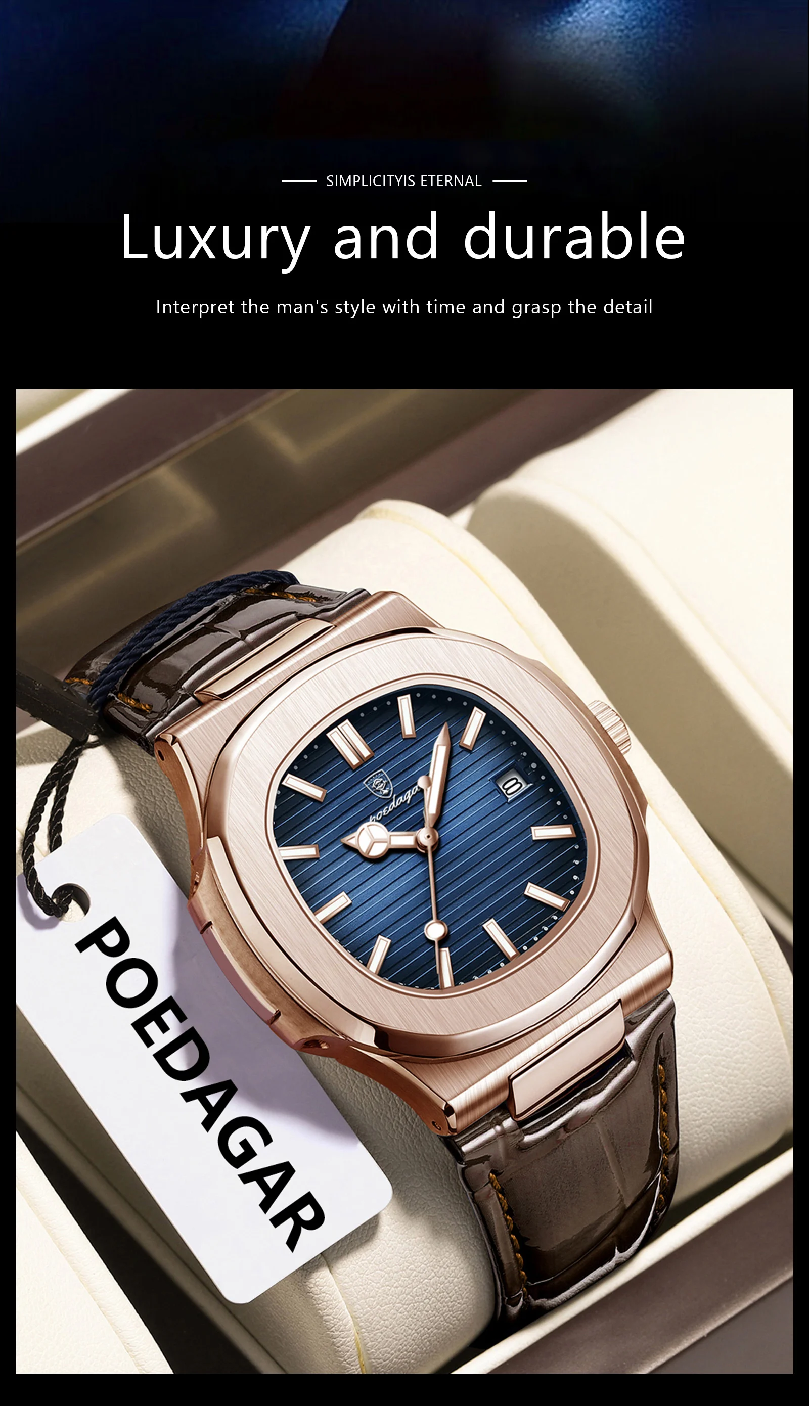 POEDAGAR Business Man Watch Date Waterproof Luminous Leather Classic Watches For Men High Quality Square Quartz Men's Wristwatch