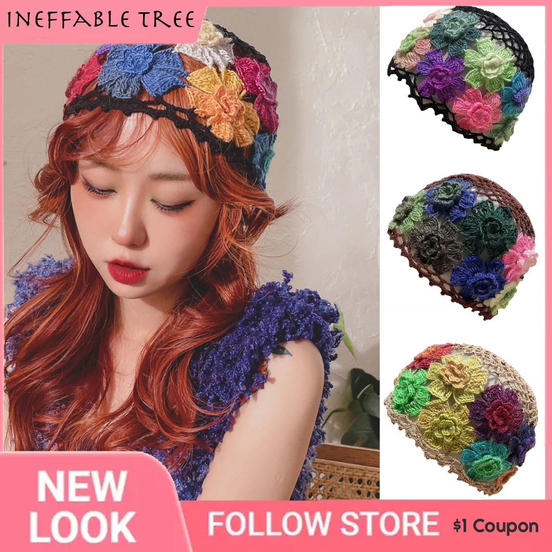 

INS Spring Summer Literary Artistic Flowers Hollow Beanie Cap Female Sweet Fashion Knitting Mohair Cap Gorra Invierno Mujer