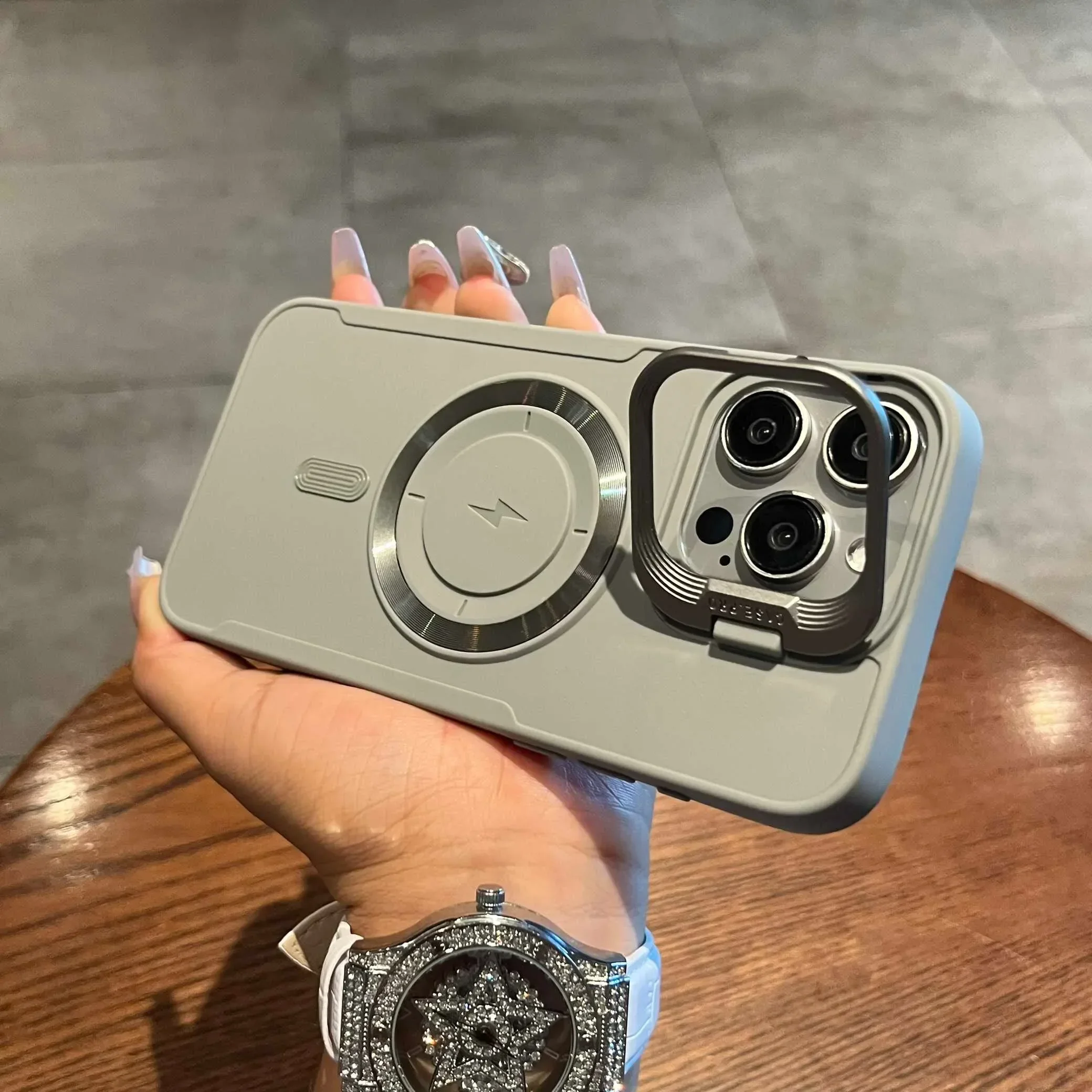 Luxury Flip-Up Lens Holder Magnetic Case with Magsafe Charging - Premium Silicone Soft Cover