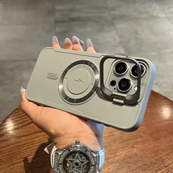 Luxury Flip-Up Lens Holder Magnetic Case with Magsafe Charging - Premium Silicone Soft Cover for iPhone 14 Pro Max (Gray)
